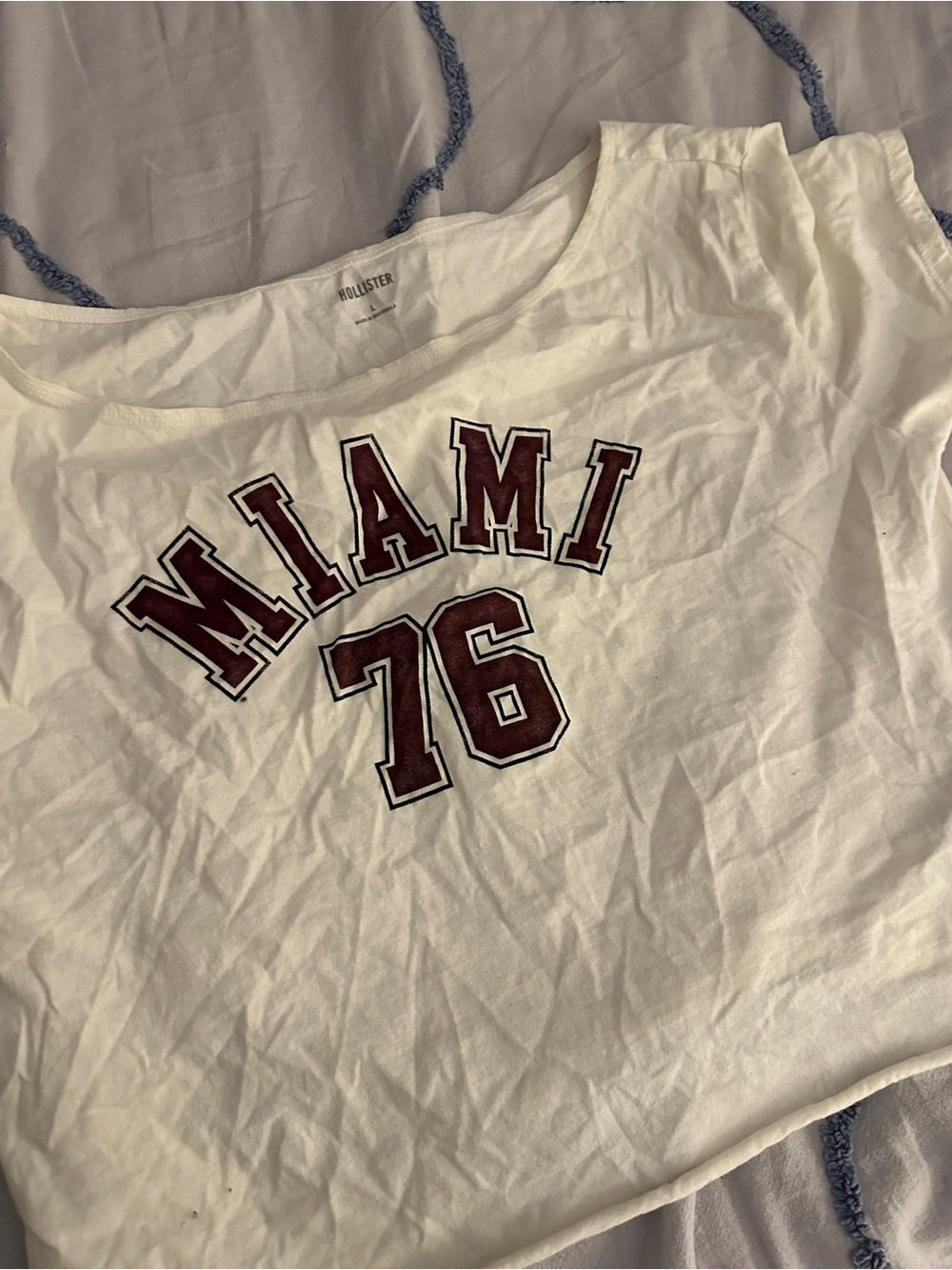 Hollister White Tee with Burgundy 'Miami 76' Graphic